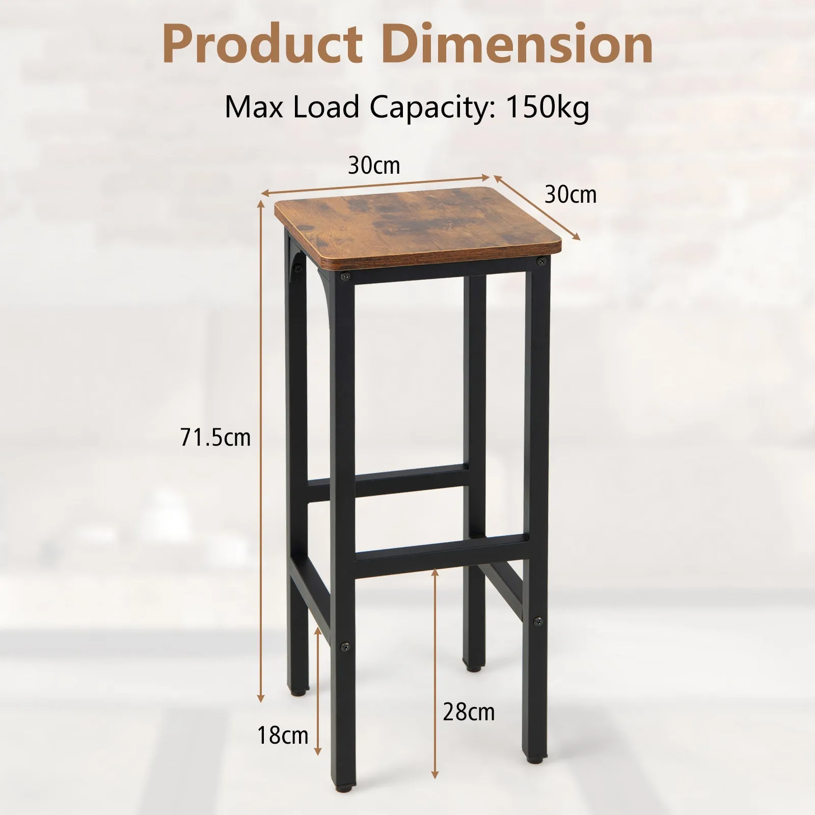 30 x 30 x 71cm Bar Stools Set of 2 with Footrest and Adjustable Pads-Rustic Brown