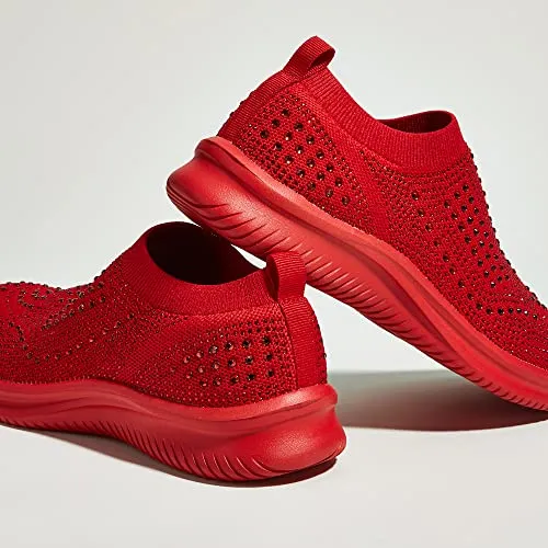 BELOS Women's Rhinestone Slip On Walking Shoes Breathable Mesh Knit Sock Shoes Fashion Comfortable Sparkly Sneaker(Red,7)