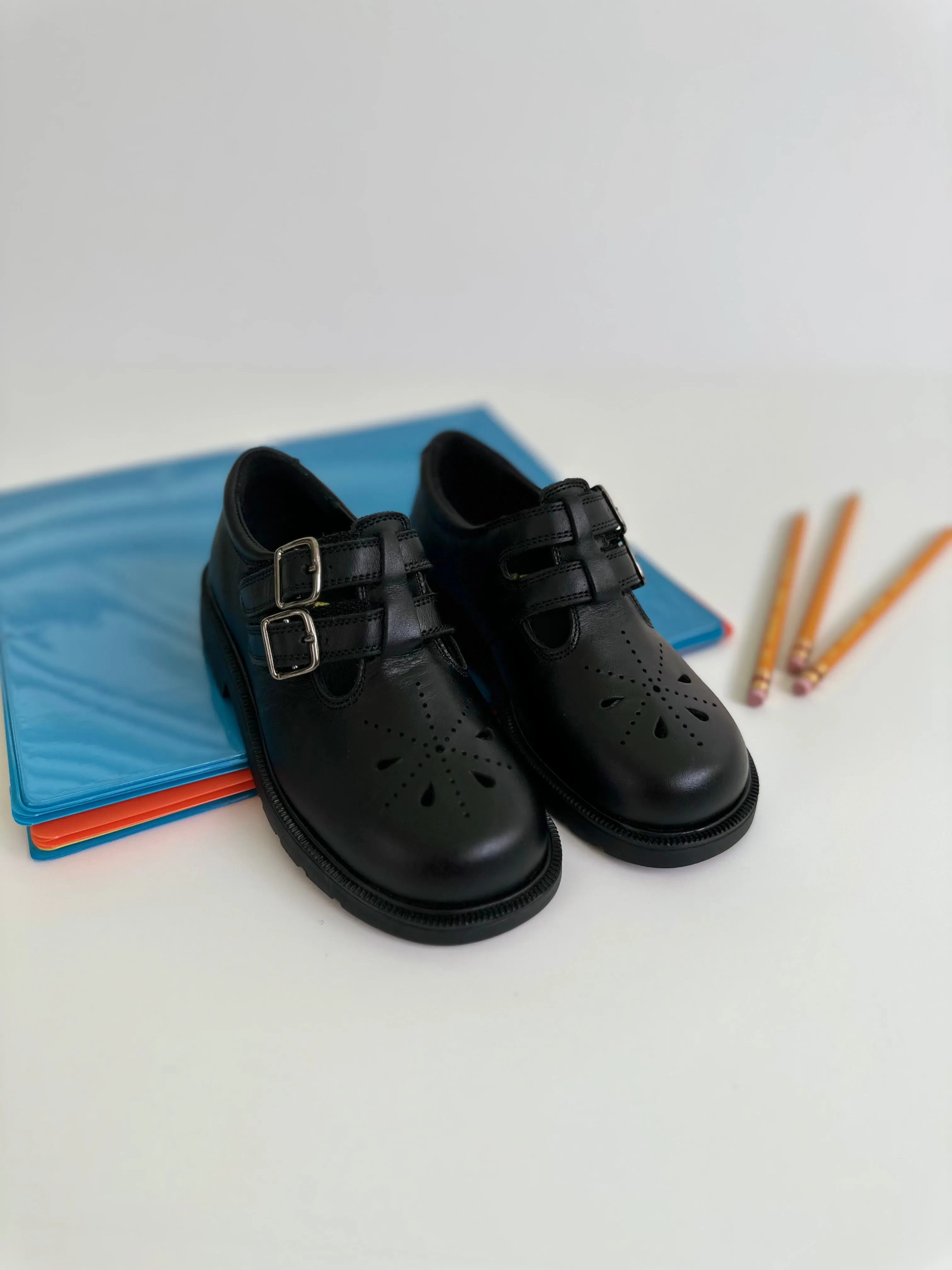 Black double straps with velcro school shoe chunky sole (4)
