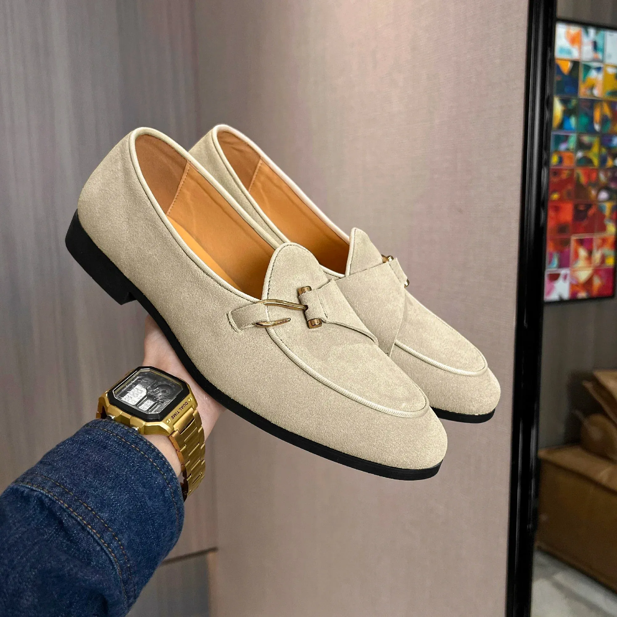 Hnzxzm Fashion Men's Casual Shoes Cow Suede Genuine Leather Men British Style Bowknot Loafers Mens Slip-on Outdoor Driving Flats New