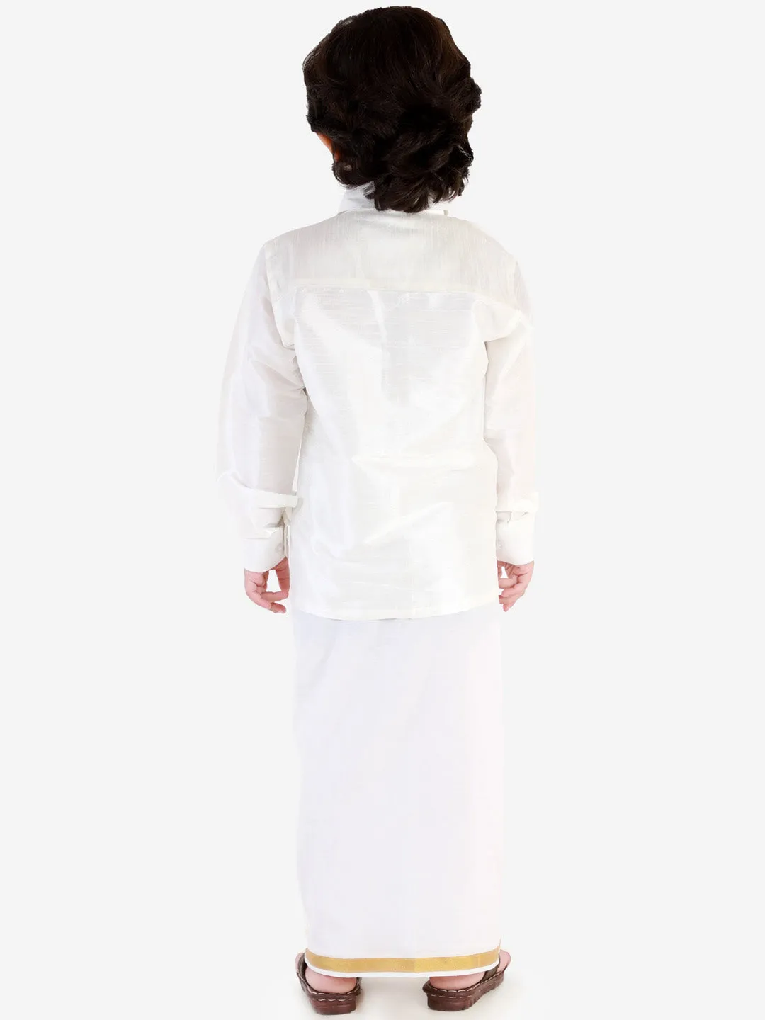 Jashvi Boys' White Silk Long Sleeves Ethnic Shirt Mundu Vesty Style Dhoti Pant Set