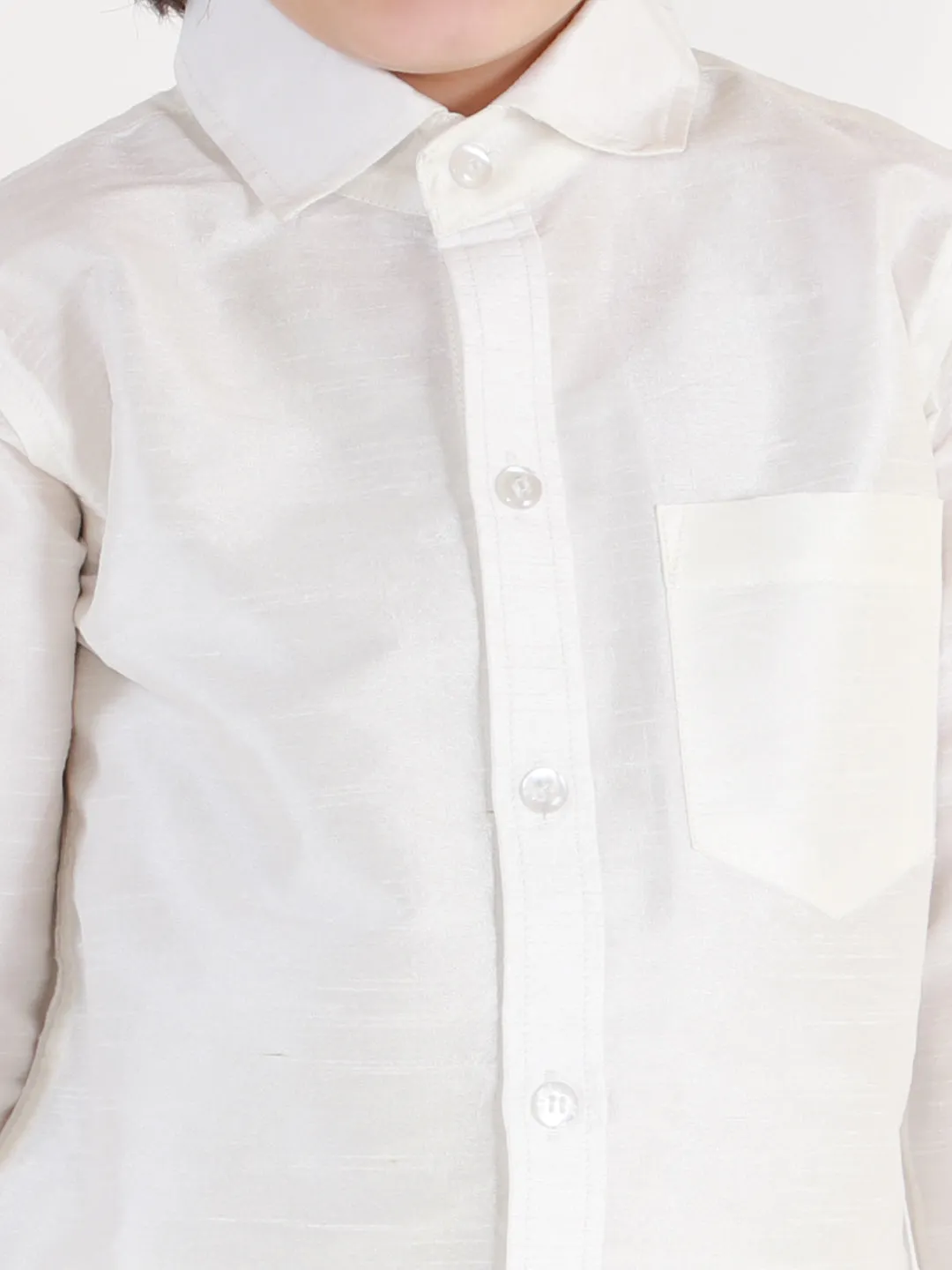 Jashvi Boys' White Silk Long Sleeves Ethnic Shirt Mundu Vesty Style Dhoti Pant Set