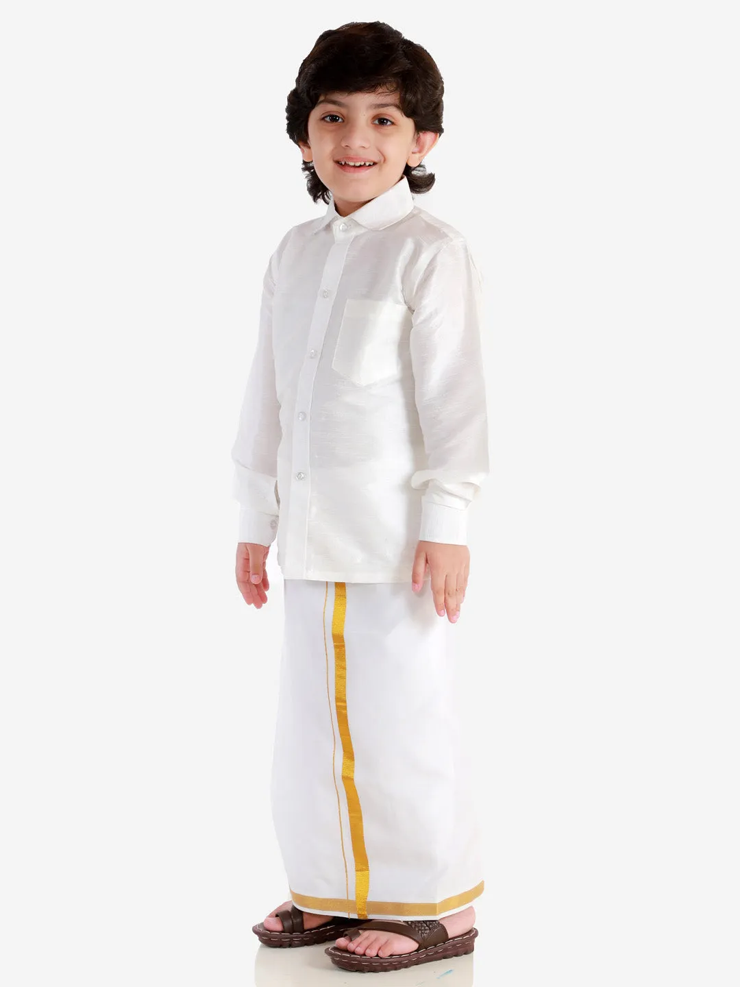 Jashvi Boys' White Silk Long Sleeves Ethnic Shirt Mundu Vesty Style Dhoti Pant Set