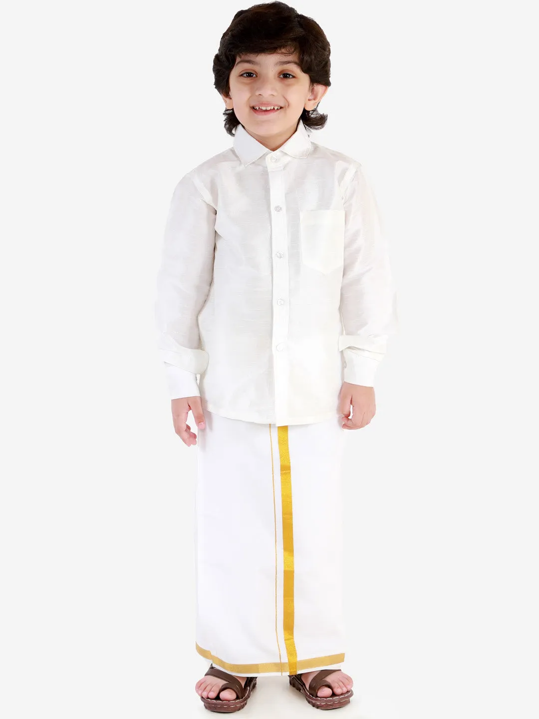 Jashvi Boys' White Silk Long Sleeves Ethnic Shirt Mundu Vesty Style Dhoti Pant Set