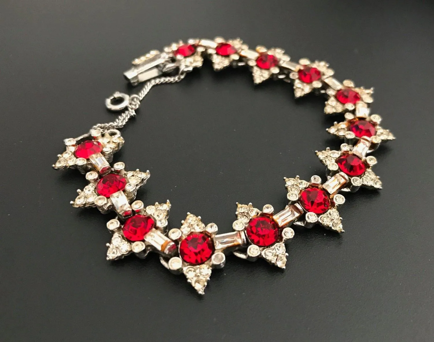 Vintage Deep Ruby Royal Red and White Rhinestone Bracelet